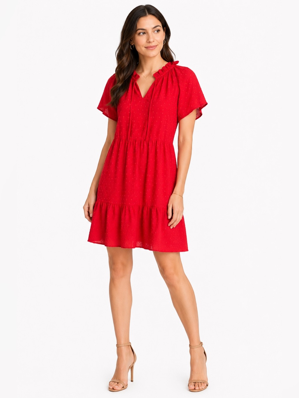 Lark + Grey Elegant Red Tiered Swiss Dot Midi Dress NWT